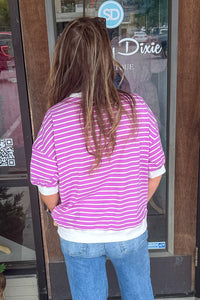 Zenana-Striped Ribbed Short Sleeve Banded Pullover
