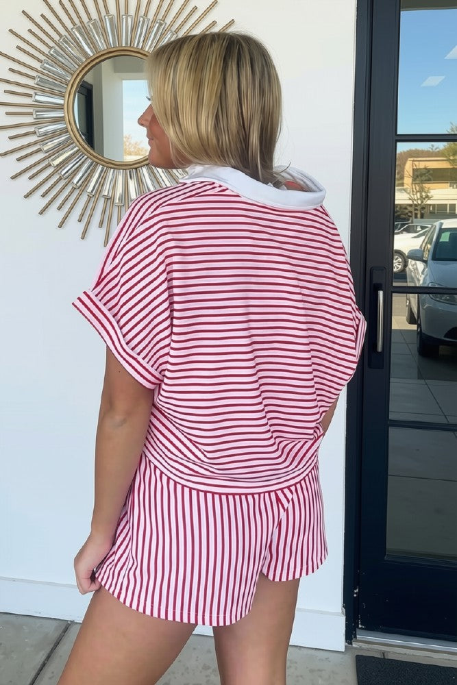 red Striped Zenana Shorts Set back