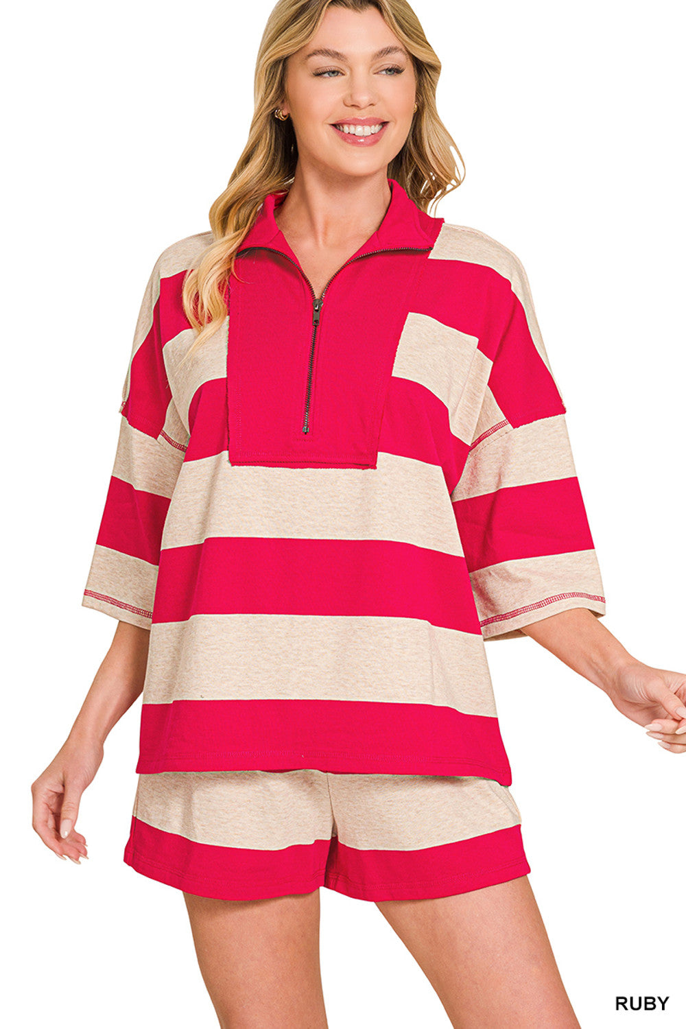PRE-ORDER (Ships 7/9) Zenana-French Terry Color Block Top and Shorts Set