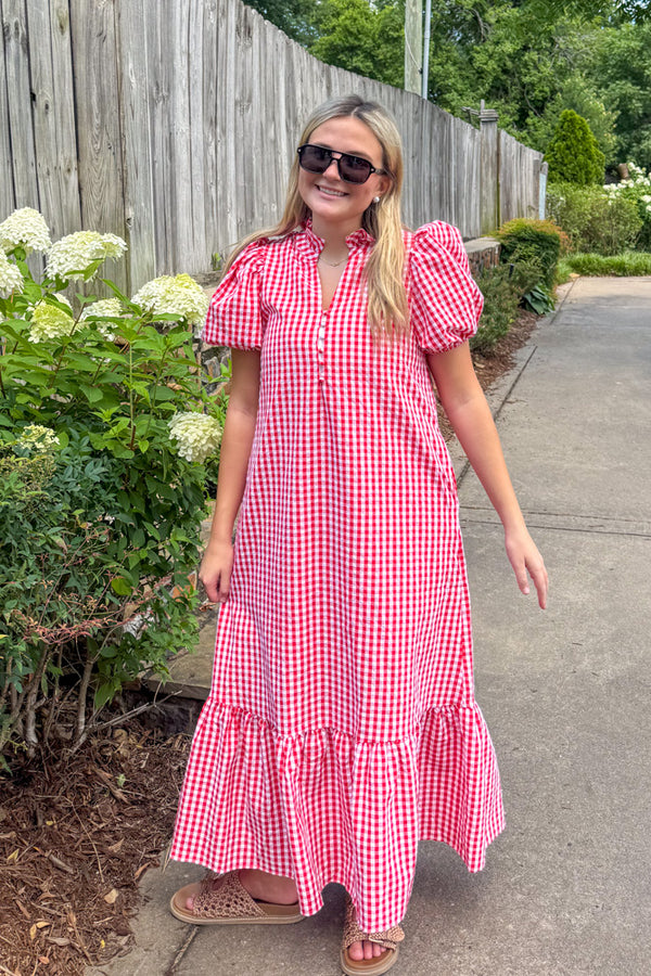 Red Gingham Midi Dress Entro