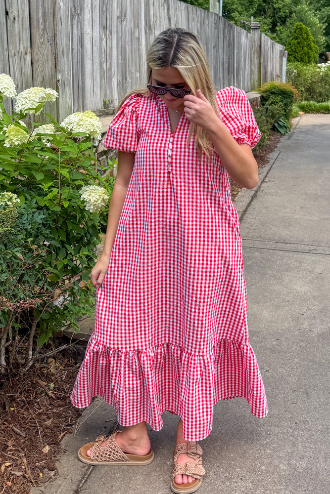 Red Gingham Midi Dress Entro Clothing