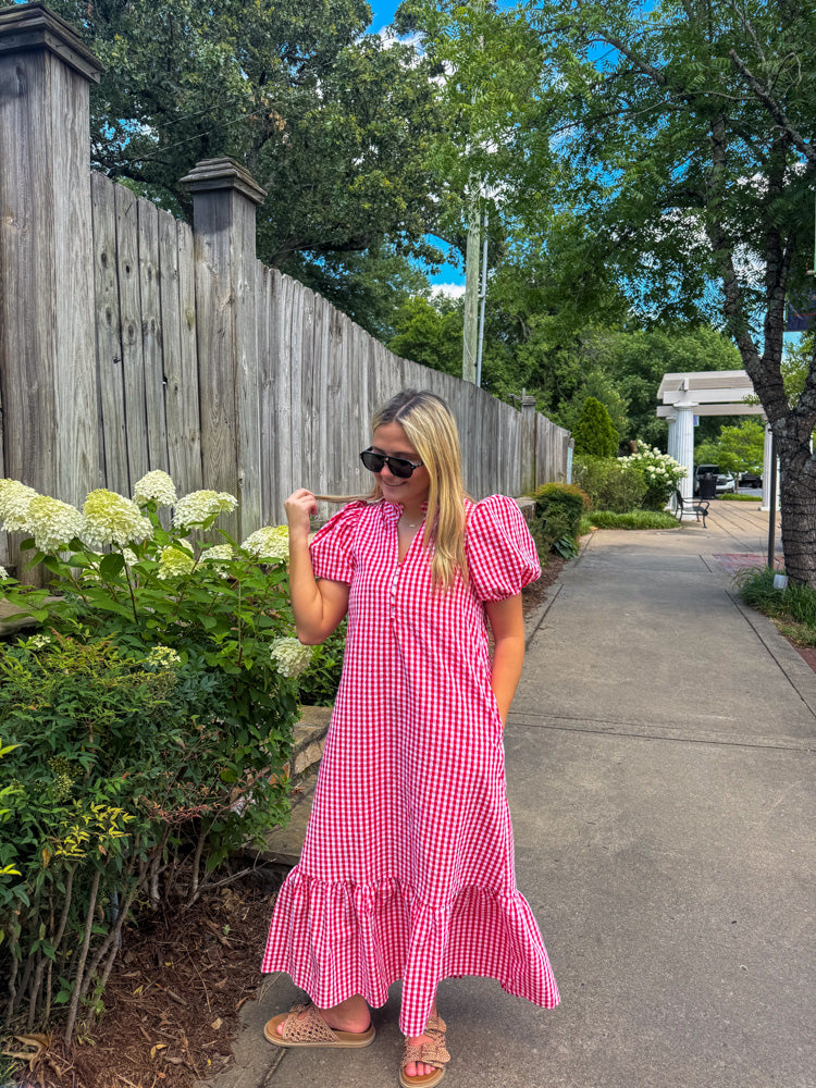 Red Gingham Midi Dress