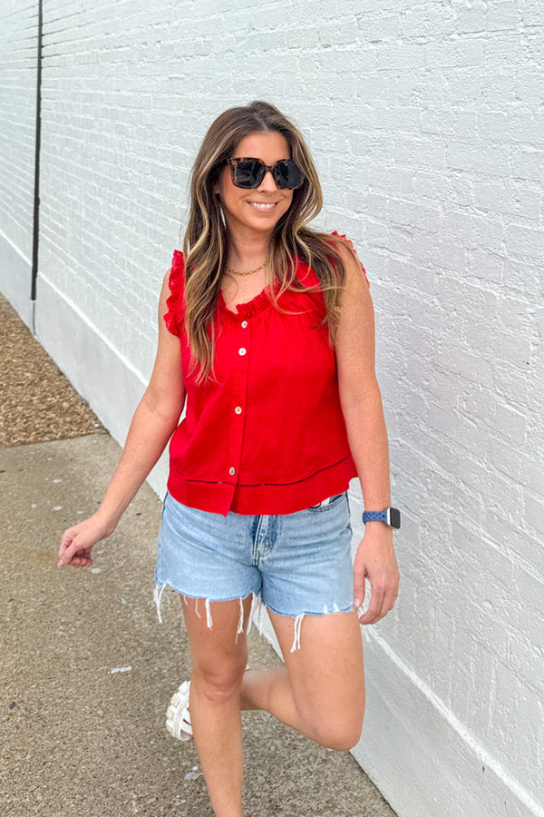 Simple As That lace trimmed button front top in red by TCEC – feminine red lace top