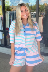 Stripe Exposed Seam Patchwork Shorts Set-Pink