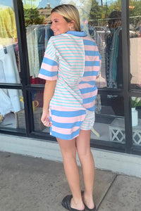 Stripe Exposed Seam Patchwork Shorts Set-Pink