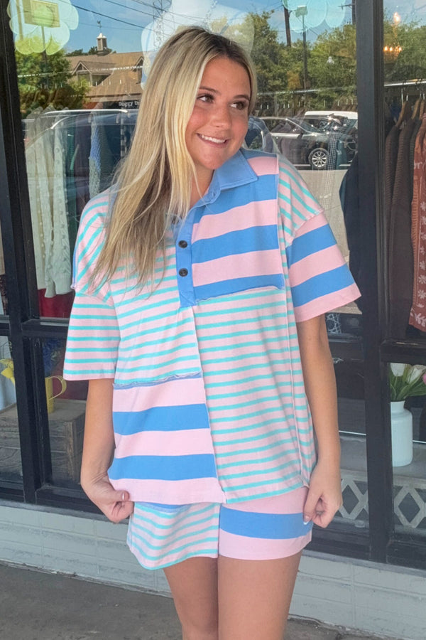 Stripe Exposed Seam Patchwork Shorts Set-Pink