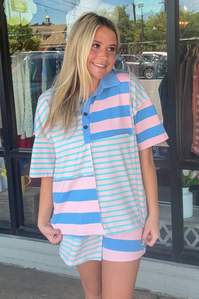 SALE-Stripe Exposed Seam Patchwork Shorts Set-Pink