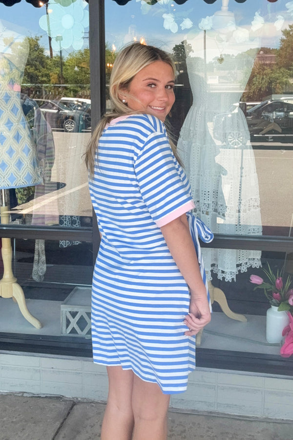 Striped Tie Pocket Mini Dress-Sky Blue Stripe