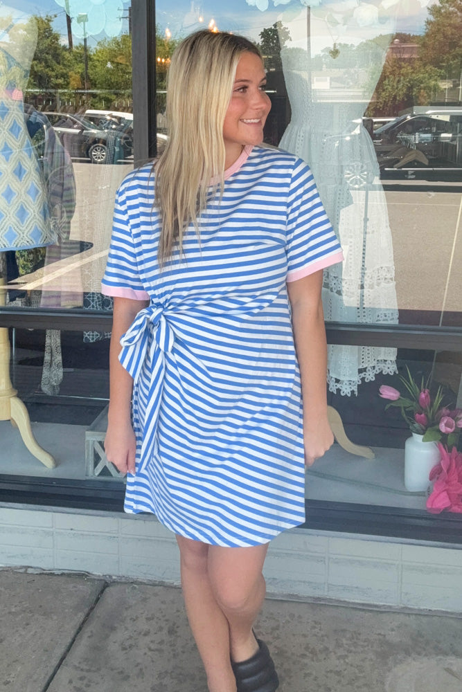 Striped Tie Pocket Mini Dress-Sky Blue Stripe