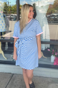 Striped Tie Pocket Mini Dress-Sky Blue Stripe