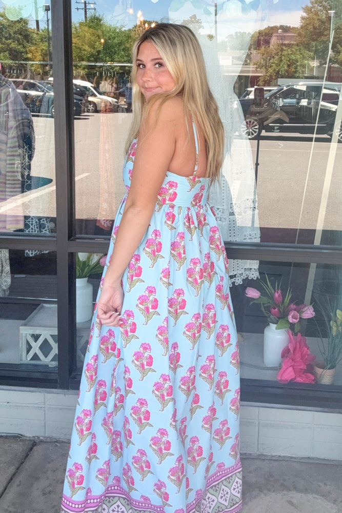 Floral Print Gathered Waist Maxi Dress-Multi