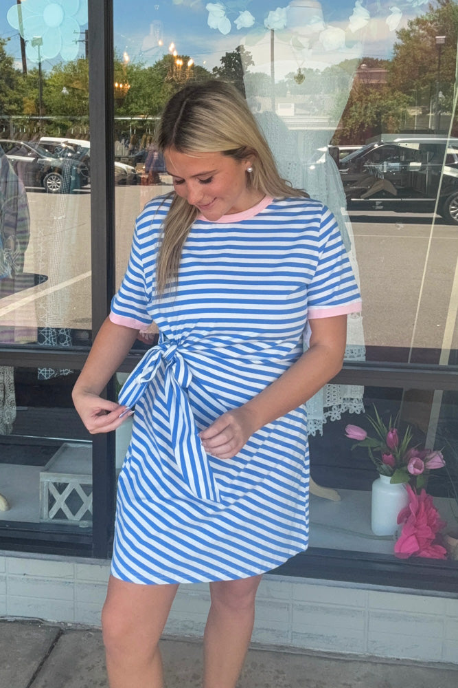 Striped Tie Pocket Mini Dress-Sky Blue Stripe