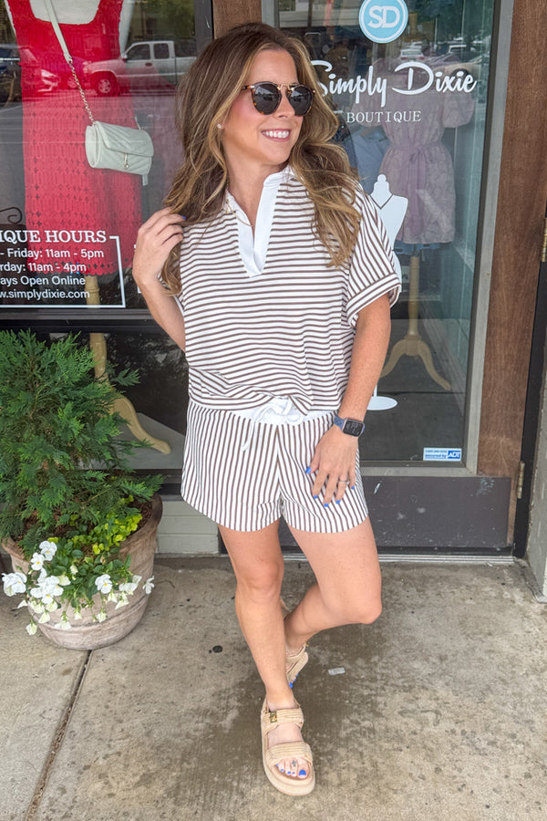 Zenana-Striped Collared Top and Shorts Set