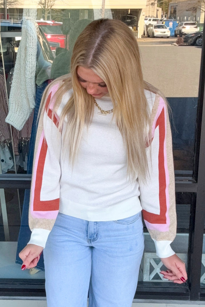 THML Cream Sweater With Striped SLeeves