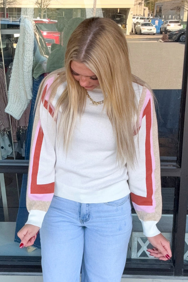 THML Cream Sweater With Striped SLeeves