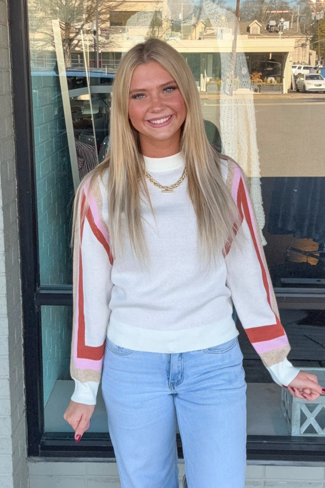 THML Cream Sweater With Striped SLeeves