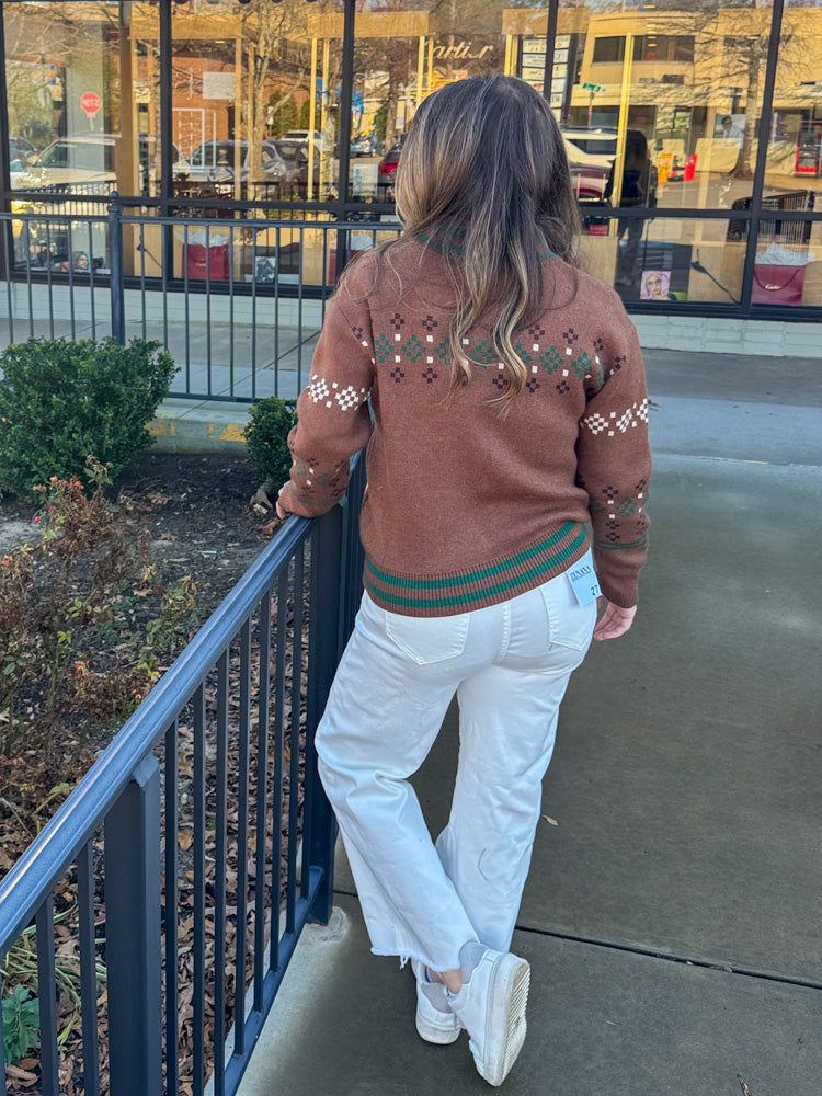 THML - Horse Knit Half Up Zipper Sweater-Brown- Simply Dixie Boutique