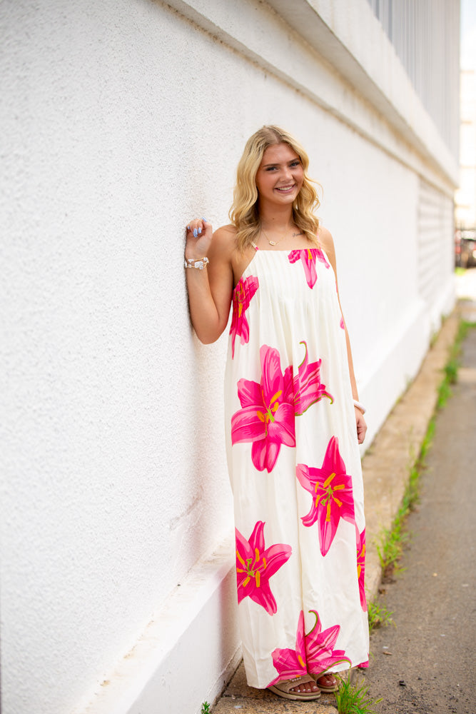 TCEC white Floral Maxi Dress With Pink Flowers