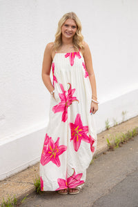 Tropical Destinations Floral Pleated Maxi Dress-Cream