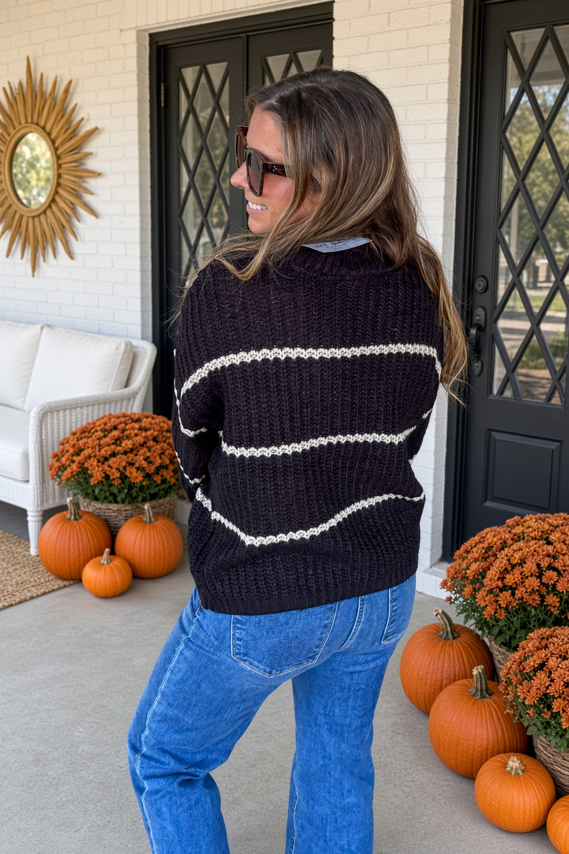 Zenana-Knit Striped Pullover Sweater-Black
