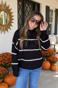 Zenana-Knit Striped Pullover Sweater-Black