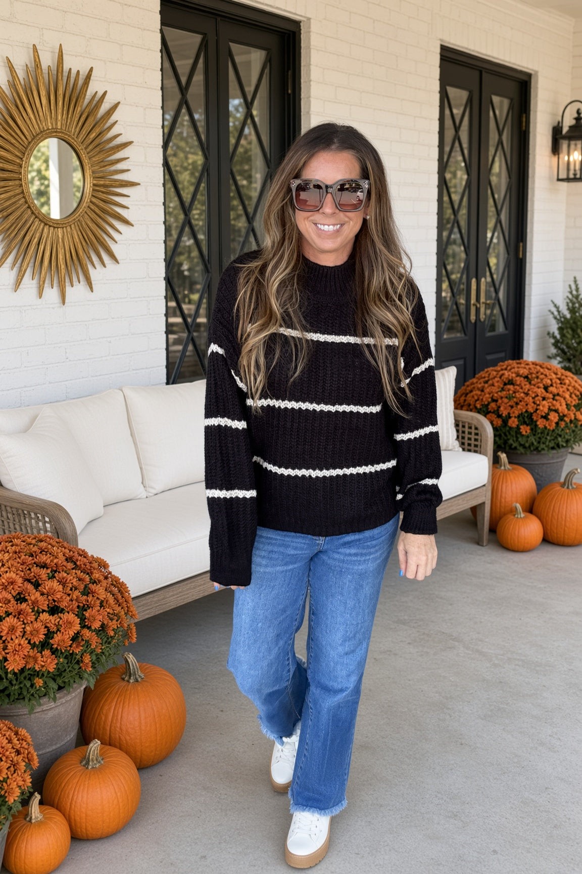 Zenana-Knit Striped Pullover Sweater-Black