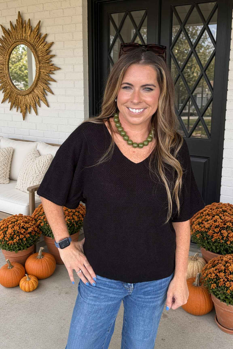 Zenana-V-Neck Dolman Short Sleeve Sweater