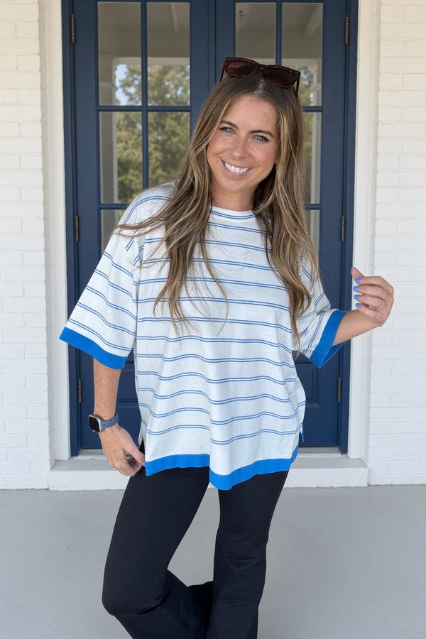 Zenana-Viscose Striped Short Sleeve Top-Ocean Blue