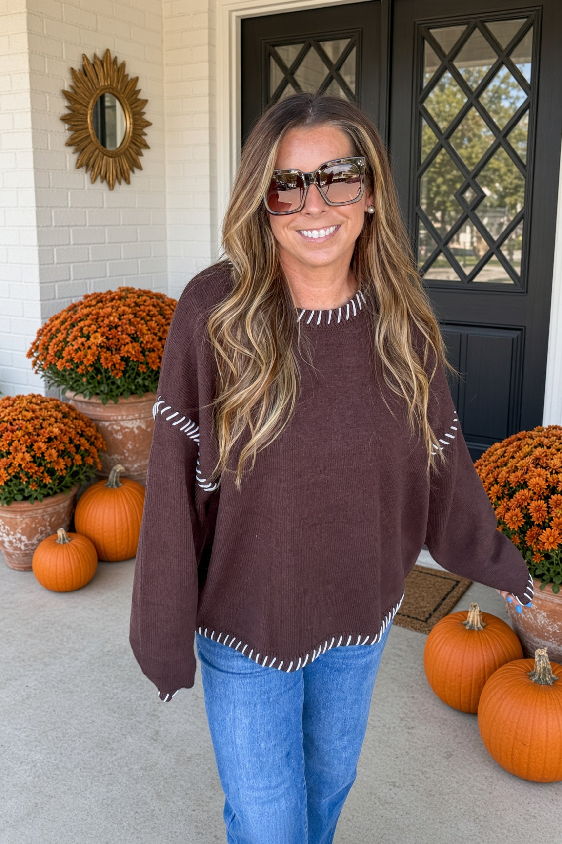Zenana-Hand Made Stitch Detail Oversized Sweater-Brown