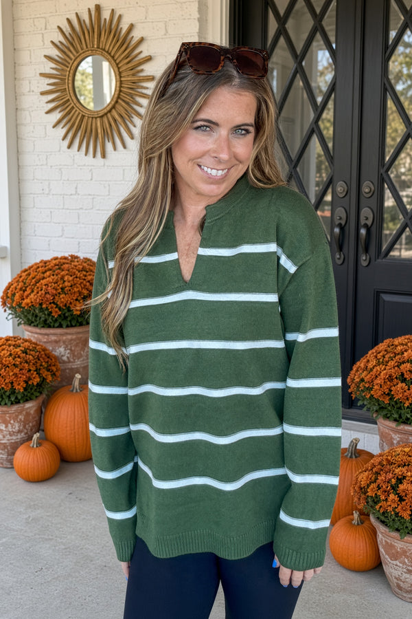 Zenana-Viscose Striped Split Neck Sweater Top