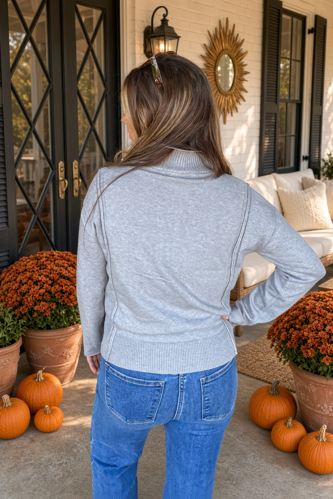 Zenana-Viscose Half Zip High Neck Sweater-Grey