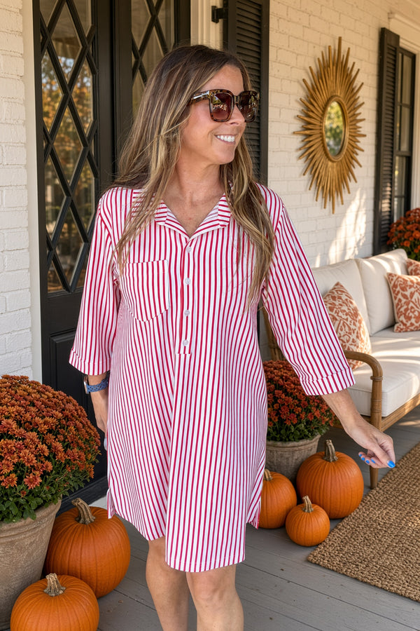 Zenana-Collared Half Button Shirt Dress-Red