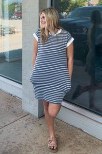 Zenana Contrast Trim Striped T-Shirt Dress