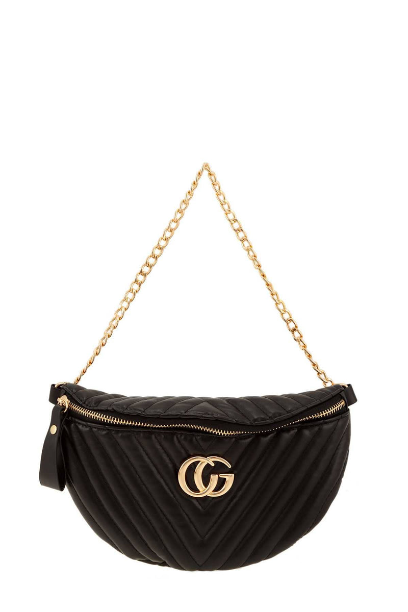 Gold Accent Chevron Quilted Fanny Pack-Black