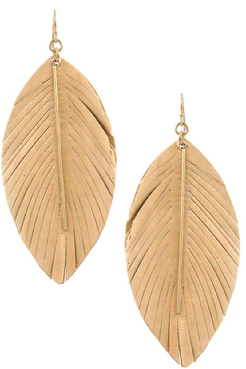 Genuine Leather Feather Earrings-Worn Gold/Beige