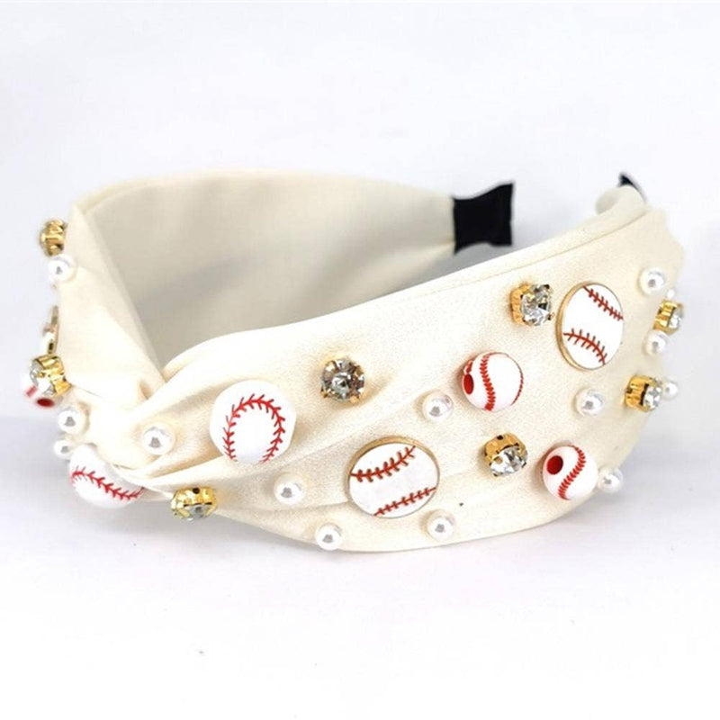 Baseball Bead Studded Knot Headband-White