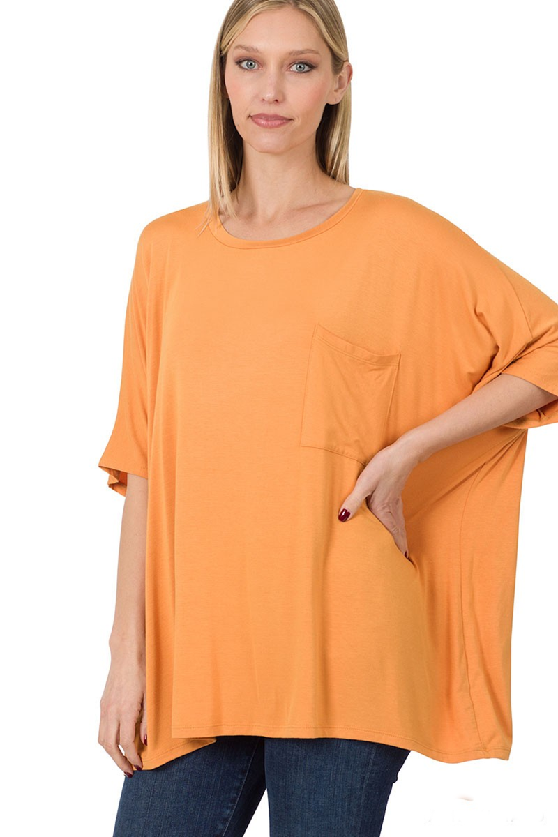 SALE-Zenana-Oversized Round Neck Front Pocket Top