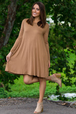 The Perfect Piko Long Sleeve Swing Dress-Mocha