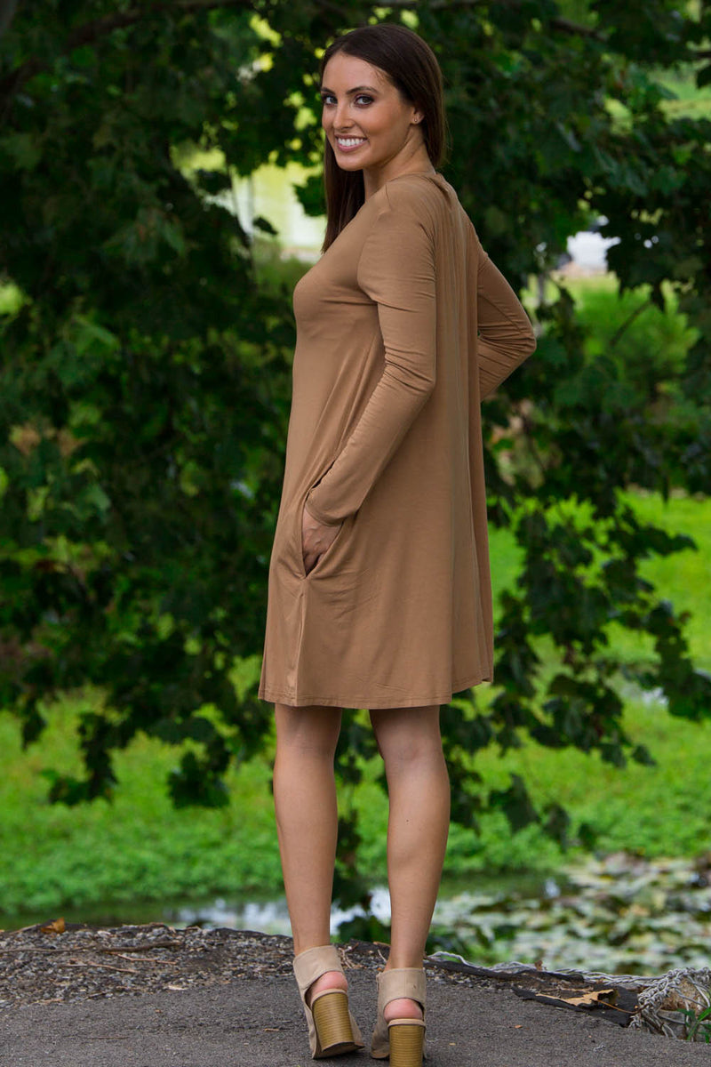 The Perfect Piko Long Sleeve Swing Dress-Mocha