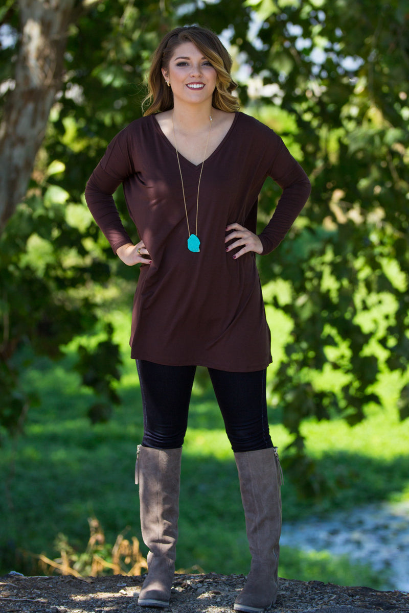 The Perfect Piko V-Neck Tunic Top-Dark Brown