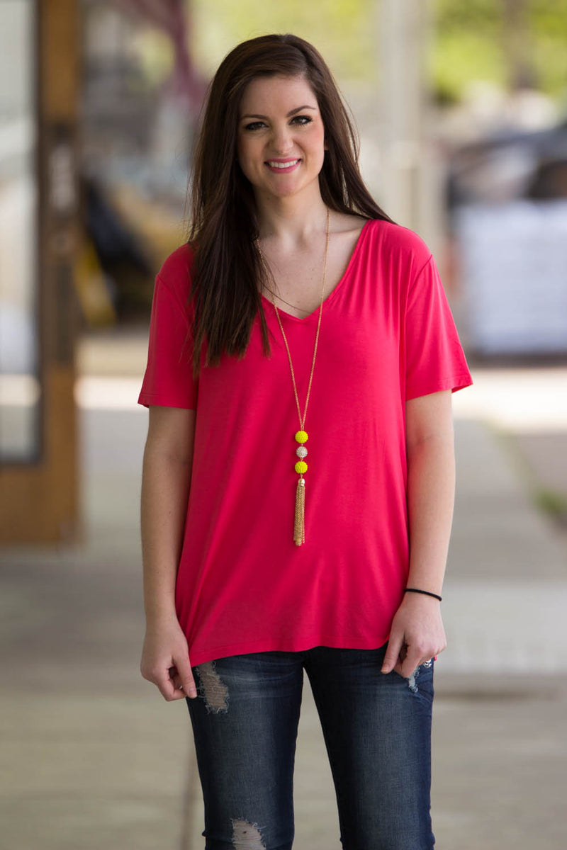 Short Sleeve V-Neck Piko Tee-Watermelon