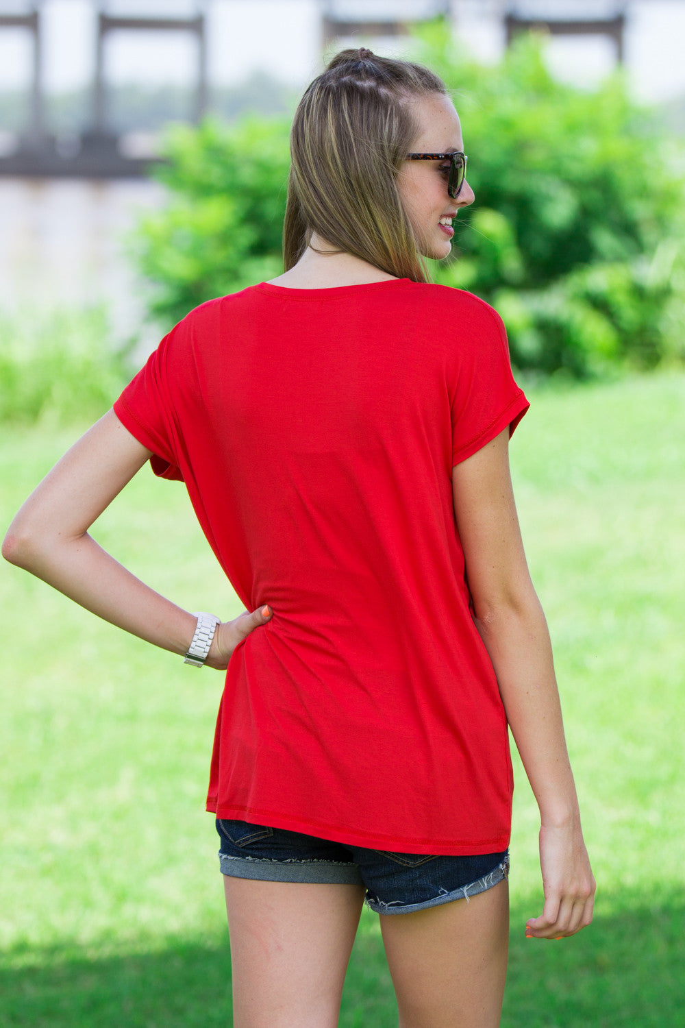SALE-The Perfect Piko Rolled Short Sleeve Top-Red - Simply Dixie Boutique