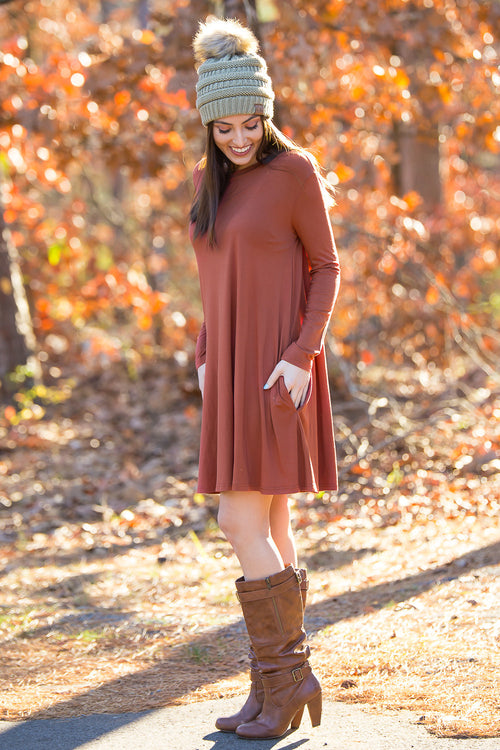 The Perfect Piko Long Sleeve Swing Dress-Rust
