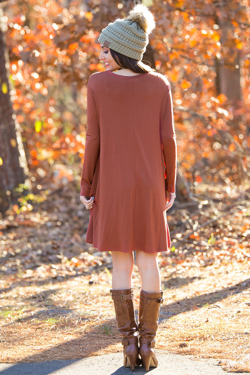 The Perfect Piko Long Sleeve Swing Dress-Rust