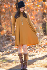 The Perfect Piko Long Sleeve Swing Dress-Dark Mustard