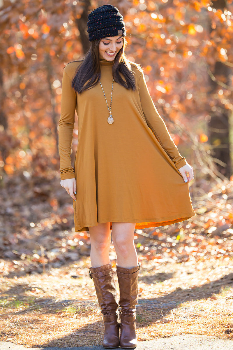 The Perfect Piko Long Sleeve Swing Dress-Dark Mustard