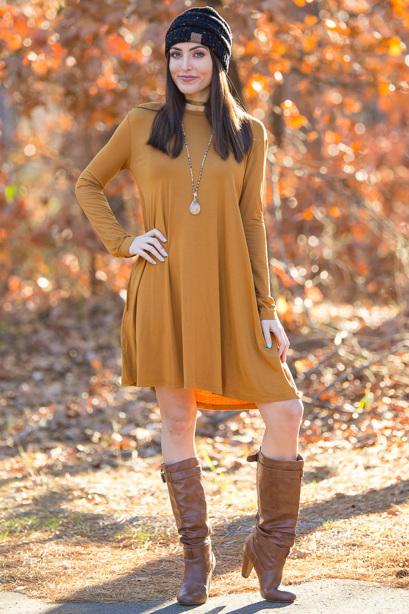 The Perfect Piko Long Sleeve Swing Dress-Dark Mustard
