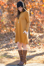 The Perfect Piko Long Sleeve Swing Dress-Dark Mustard