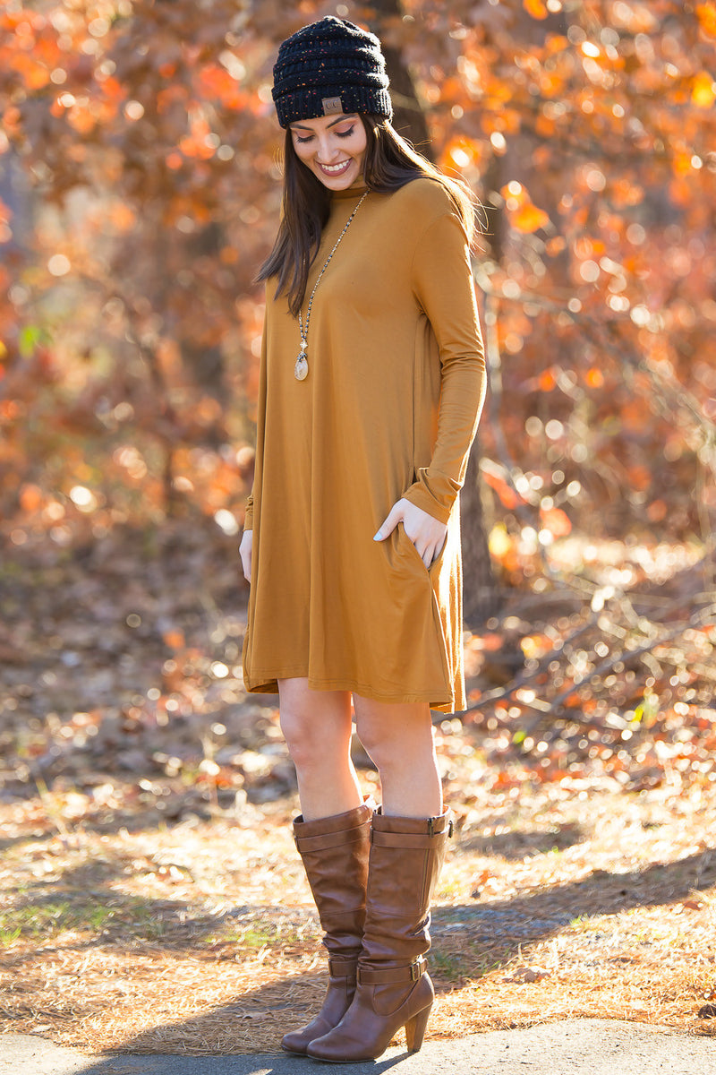 The Perfect Piko Long Sleeve Swing Dress-Dark Mustard