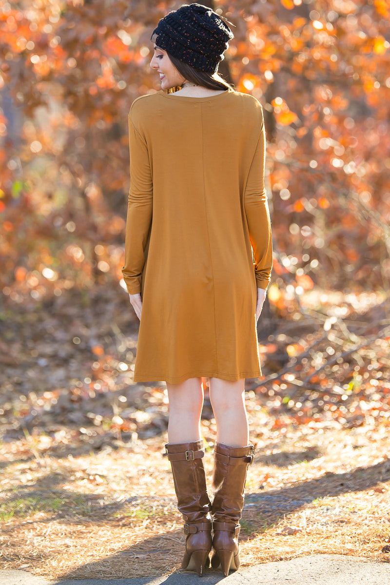 The Perfect Piko Long Sleeve Swing Dress-Dark Mustard